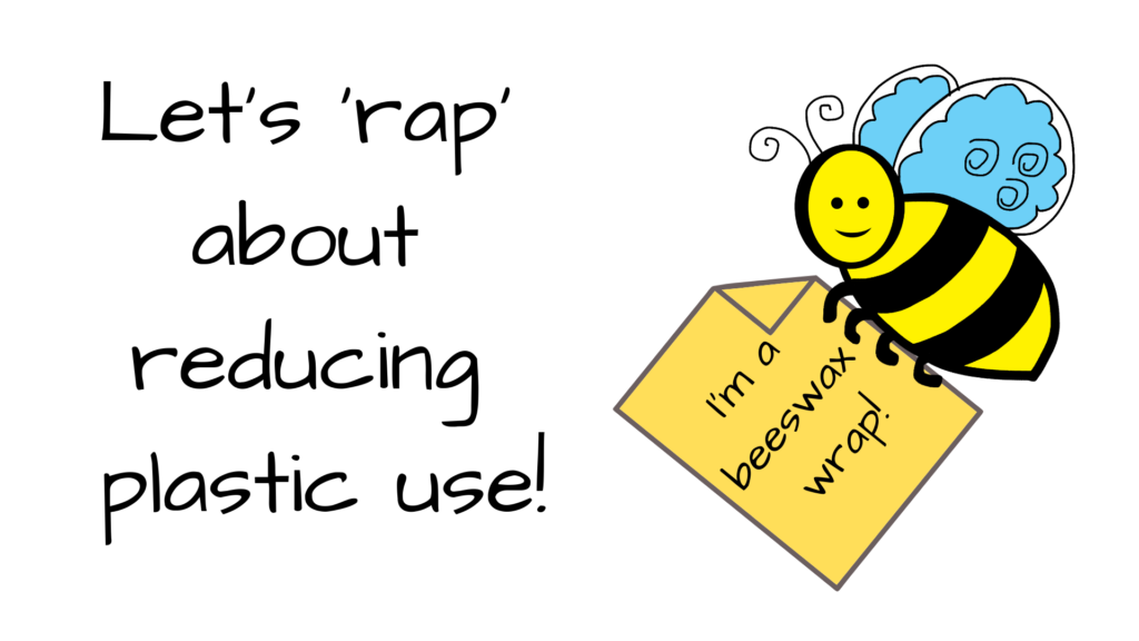 Graphic show a bee holding a beeswax wrap and saying Let's rap about reducing plastic use