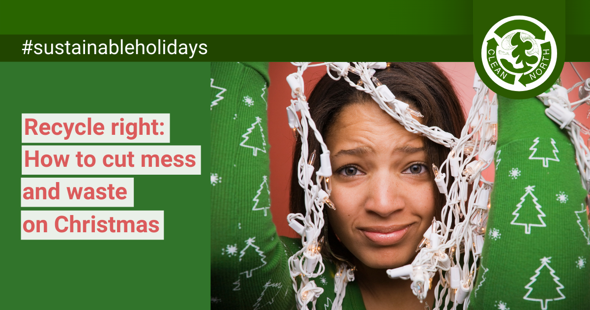 photo of a frustrated woman tangled in Christmas lights