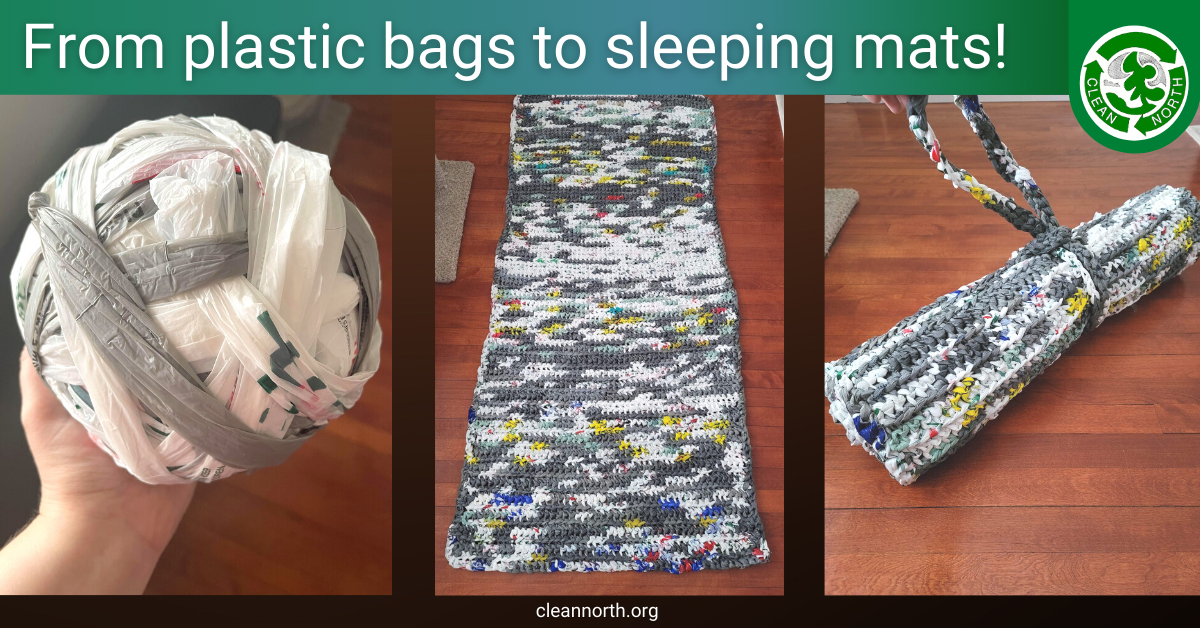 photos of a ball of plarn, a finished plastic mat, and a rolled up plastic mat made from plastic bags. 