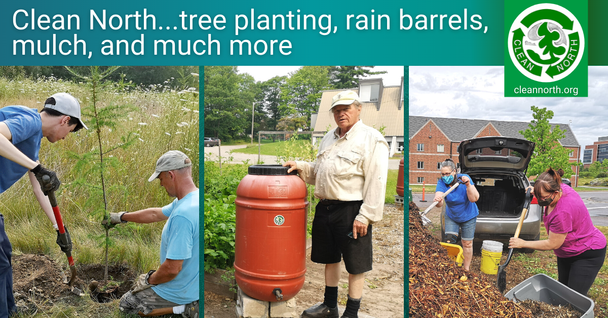 photos showing people planting trees, with a rain barrel, and shovelling mulch