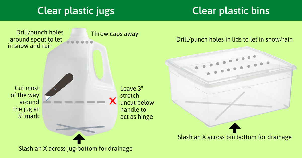 Diagram showing how to prep jugs and bins for winter sowing