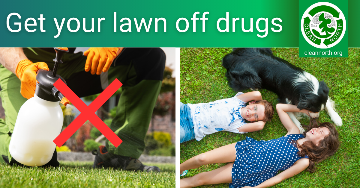 photos of someone spraying chemicals and kids and dog on a lawn