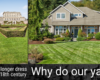 photos of man dressed in 17th century clothing with a stately home in the background and of a modern home with lawn