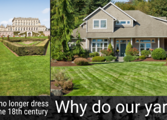 photos of man dressed in 17th century clothing with a stately home in the background and of a modern home with lawn