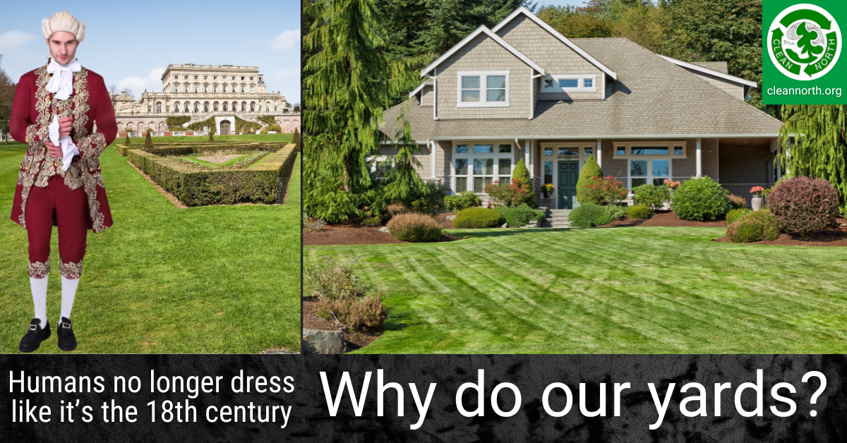 photos of man dressed in 17th century clothing with a stately home in the background and of a modern home with lawn