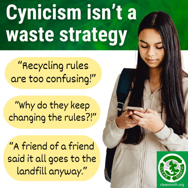 photo of a woman receiving cynical messages about recycling
